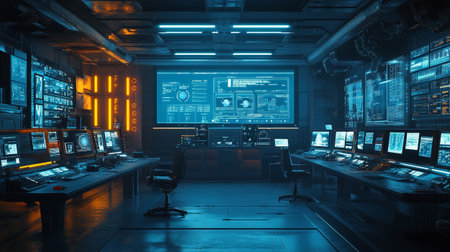 3D rendering of a control room in a futuristic space station.