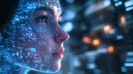 Cyborg woman face with digital hologram. 3d rendering double exposure