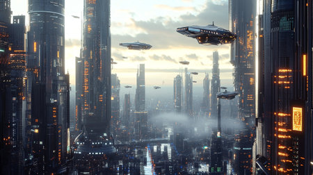 Futuristic city with flying saucers. 3d rendering