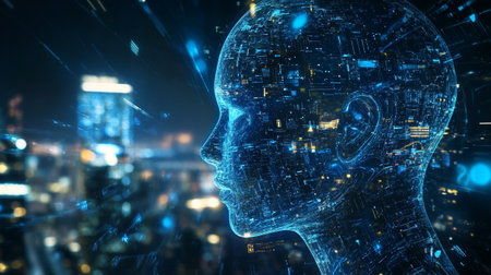 Digital cyborg head against night city view 3D rendering
