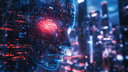 Cyborg head with glowing digital circuit on city background 3D renderingの写真素材