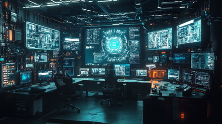 Cyber security concept. Hacker in dark room. Futuristic interface.