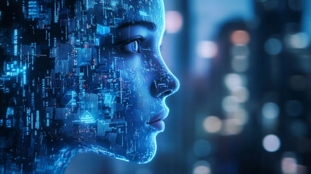 Digital cyborg head on city background 3D rendering toned image double exposureの写真素材