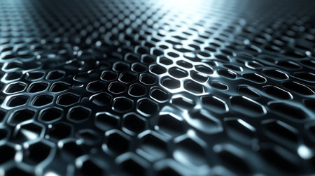 3d rendering of abstract metal surface with hexagons in blue color