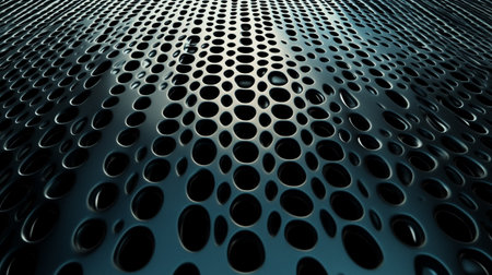 Abstract 3d rendering of perforated metallic surface. Reflective surface with holes.