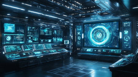 Spaceship interior with blue lights and hologram screens 3D renderingの写真素材