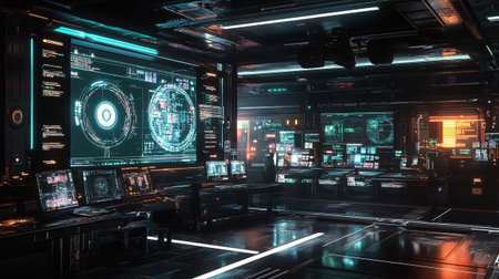 Futuristic hi-tech interior of a spaceship. 3D renderingの写真素材