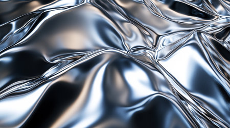 Closeup of rippled silver satin fabric with some folds in itの写真素材