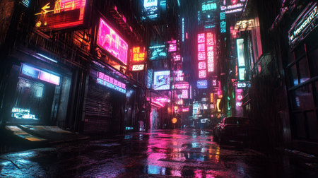 Night view of a city street with neon signs and lights.の写真素材