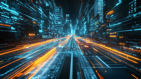 3D rendering of abstract technology concept. Light trails on the road