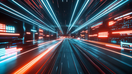 3d illustration of fast moving car in tunnel with glowing lights.