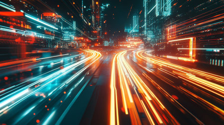 traffic in modern city at night with motion blur. abstract backgroundの写真素材