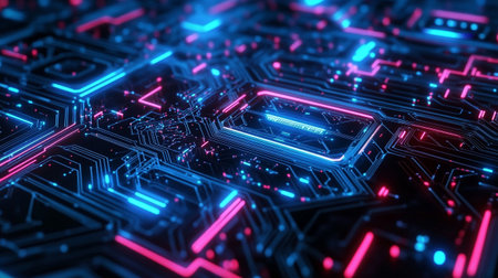 3D illustration of blue and pink neon abstract background with hexagons and circuit board