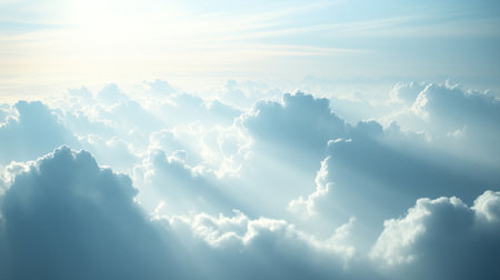 Beautiful aerial view above clouds with sunbeams. 3d illustration