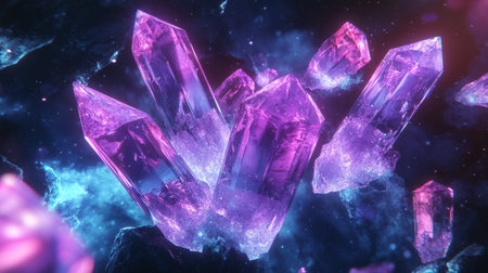 Purple crystals of amethyst on a dark background. 3D renderingの写真素材