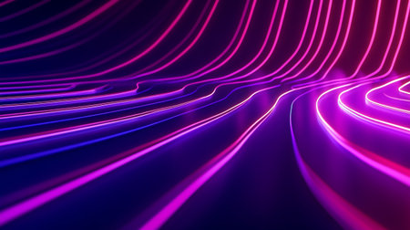 3d render, abstract background, purple and blue neon lines, glowing waves in the darkの写真素材
