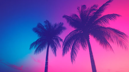 Silhouette of palm trees on sunset sky background. Retro vintage filter.