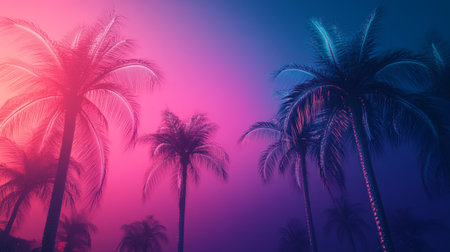 Silhouette of palm trees on a pink and purple background.の写真素材