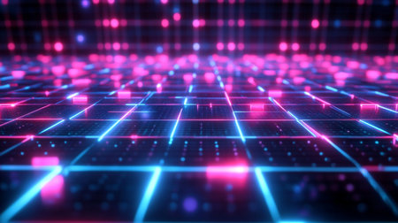 3d illustration of abstract technology background with glowing squares and lines.の写真素材