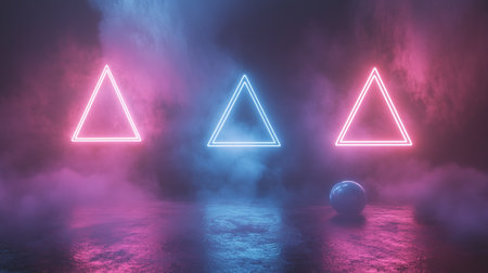 Glowing neon triangle and sphere on a dark background. 3D renderingの写真素材