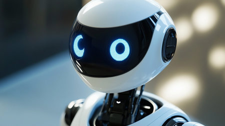 Robot's head with blue light, close-up. 3d renderingの写真素材