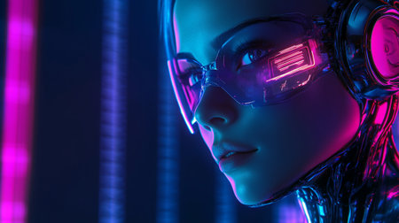 3d rendering of a female robot in futuristic style with neon lightsの写真素材