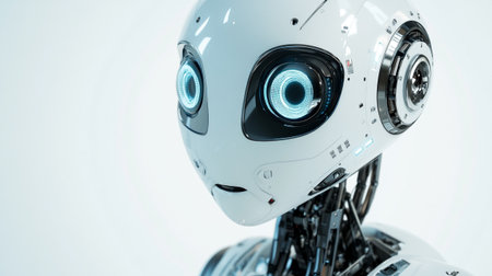 3d rendering humanoid robot looking at camera on white background with copy spaceの写真素材