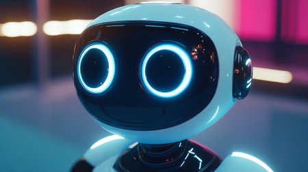 3d rendering robot with blue eyes on blurred background, artificial intelligence conceptの写真素材