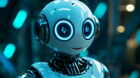 3d rendering humanoid robot with blue lights in the background, future technology conceptの写真素材