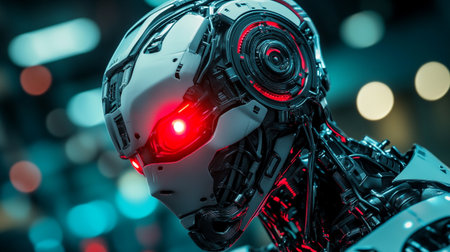 3d rendering humanoid robot with red light bulb on bokeh background