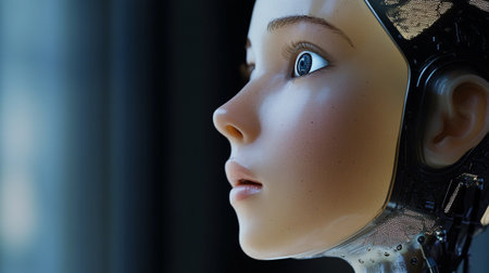 Close-up of a female robot head with big blue eyes in the background