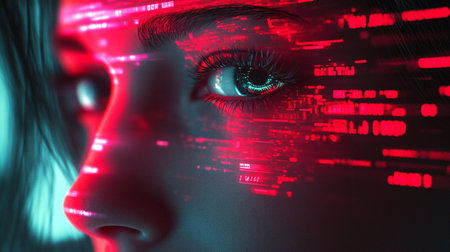 Futuristic cyber woman with binary code on her face. 3d renderingの写真素材
