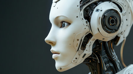 Close up view of a female robot head on a dark background.