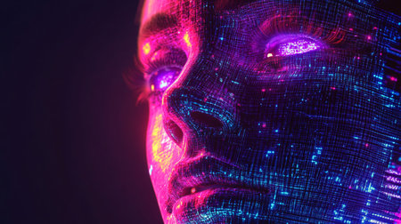Cyborg face with glowing neon lights. Futuristic cyborg head. 3D rendering