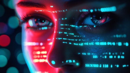 Cyber security concept. Close-up of female eye with binary code.