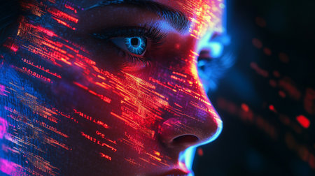 Futuristic cyber woman face with red and blue neon light.