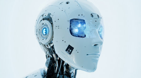 3d rendering humanoid robot with blue light in the screen on white background