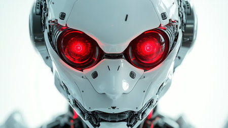 3d rendering humanoid robot with red light on face isolated on white