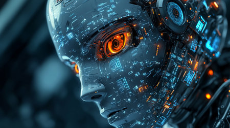 3D rendering humanoid robot cyborg in cyberspace closeup