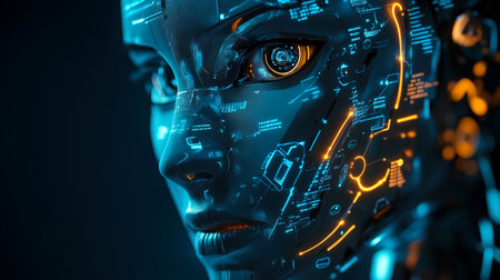 3d rendering humanoid robot or cyborg face with artificial intelligence concept