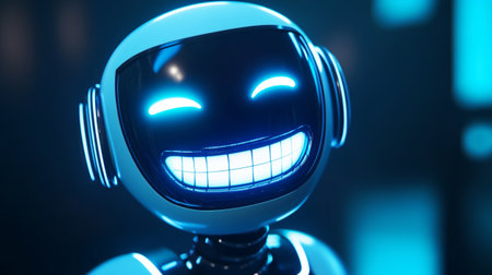 3d rendering robot with smiley face in blue light on dark background