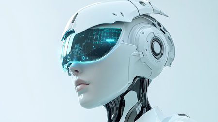 3d rendering humanoid robot wearing virtual reality goggles with circuit board on white background