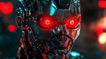 3D rendering of a female robot with red lights in the background