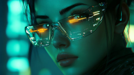 Futuristic cyberpunk style portrait of young woman in futuristic glassesの写真素材