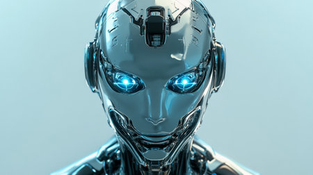 Cyborg robot with glowing eyes on blue background. 3D rendering