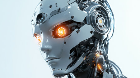 Cyborg humanoid face with glowing light on white background 3D rendering