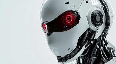 3d rendering robot head with red light on white background, artificial intelligence concept