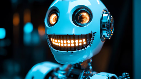 Close up of a robot head with glowing lights. 3d rendering