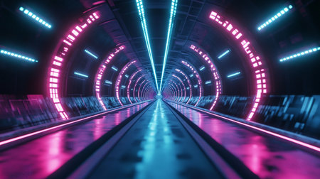 Futuristic tunnel with glowing neon lights. 3D Renderingの写真素材
