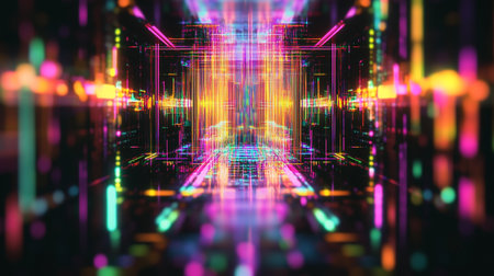 3d illustration of abstract background with neon lights and wireframe tunnel